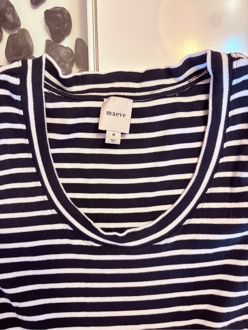 Maeve Striped Bodice Puff-Sleeve Midi Dress in White and Black - Picture 9 of 15